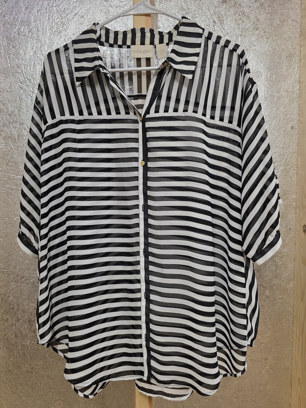 Chico's Black and White Striped Collared Button-Front Top